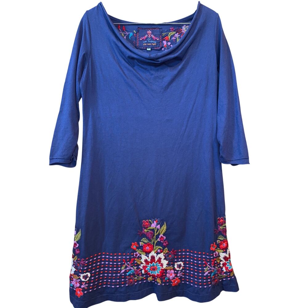 Johnny Was Boat Cowel Neck Embroidered Tunic Dress Navy Medium